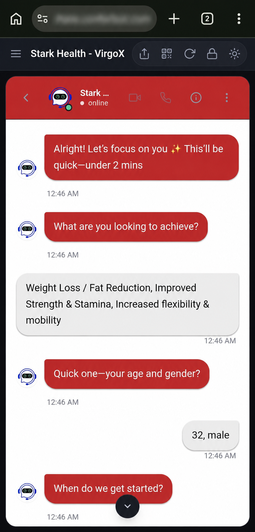 Website conversation asking about a visitor's goals and preferred start time. Browser address blurred.