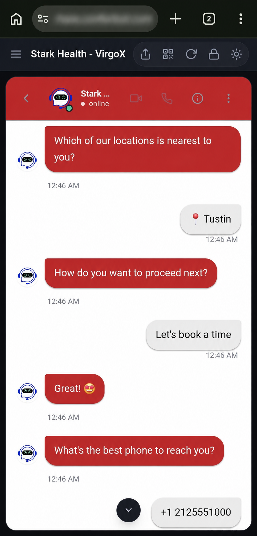 Website conversation helping a visitor choose a location and begin booking. Browser address blurred.